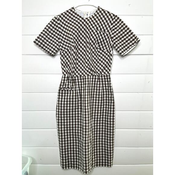 Vintage Dresses & Skirts - Vintage 60s Gingham Sheath Dress Short Sleeve Brown White Womens Handmade 4